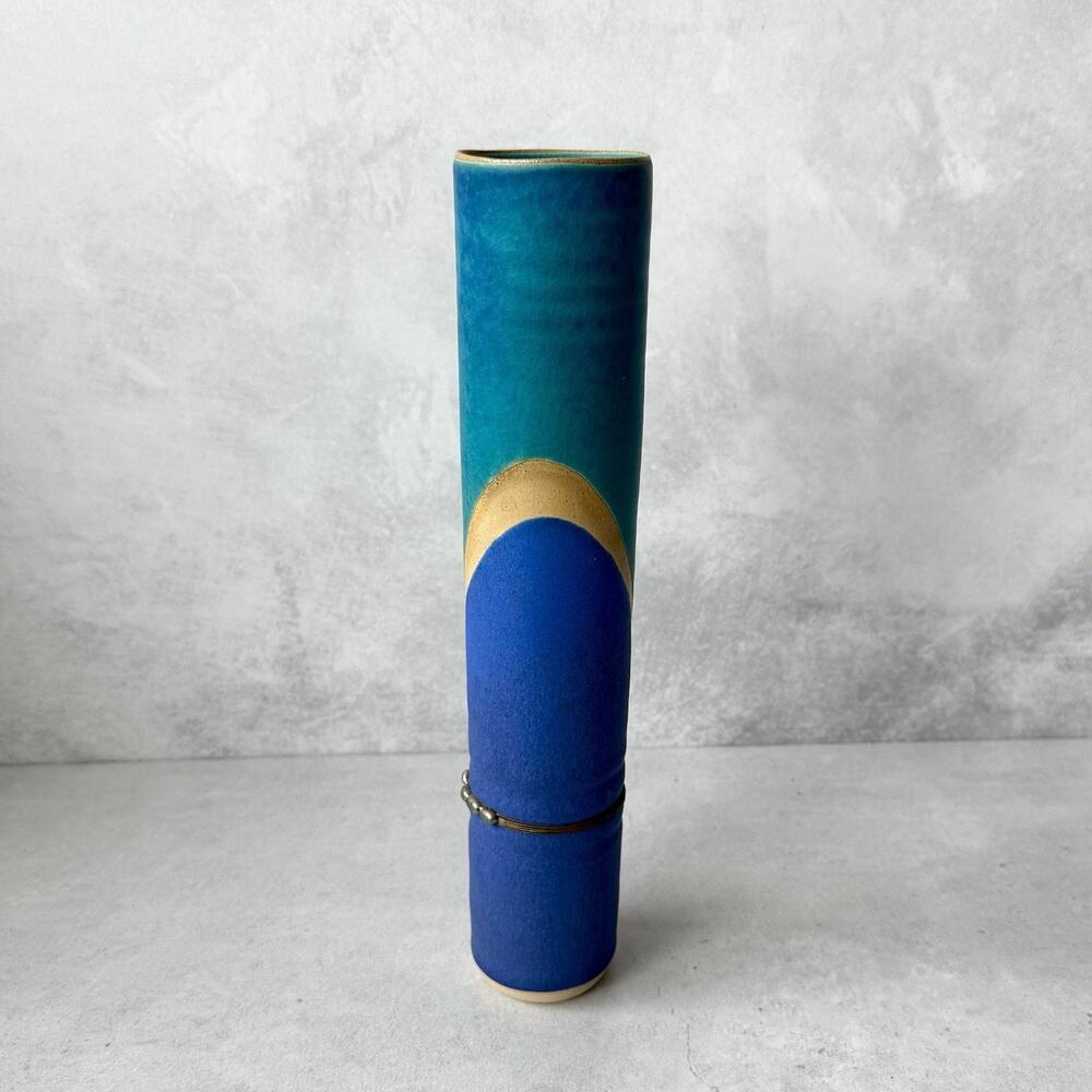 Glazed Ceramic Cylinder Vase Blue Metal Wire Accent Modern Coastal Abstract Zen